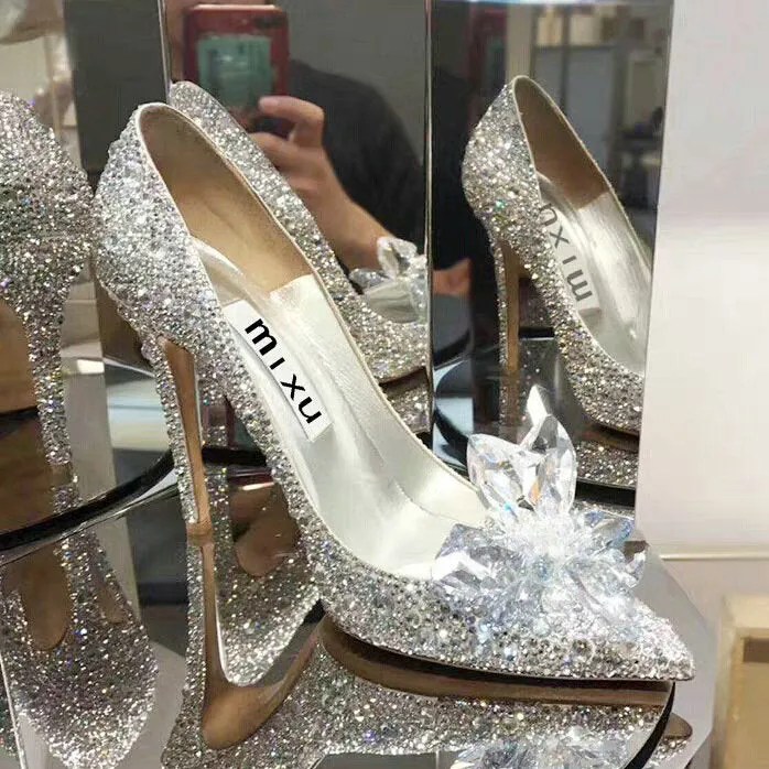 Amozae- European Wedding Shoes Female White Drill Rhinestone Crystal Stiletto Pointed Red Bridal Shoes Fashion High Heels