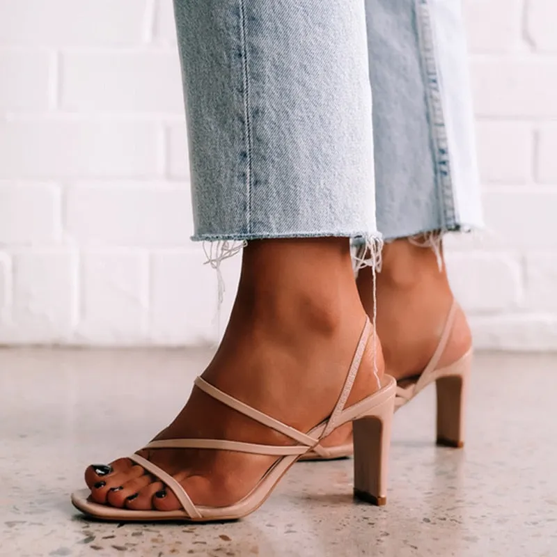 Amozae- Women   Sandals Fashion Cross Shoes Ankle Buckle Strap Ladies Summer Pumps PU Leather Square Toe Female Party Shoes