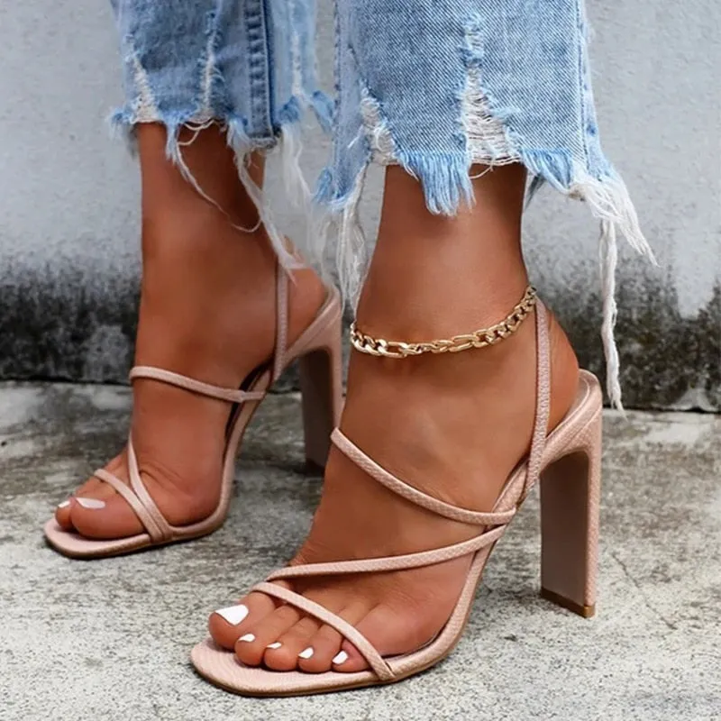 Amozae- Women   Sandals Fashion Cross Shoes Ankle Buckle Strap Ladies Summer Pumps PU Leather Square Toe Female Party Shoes