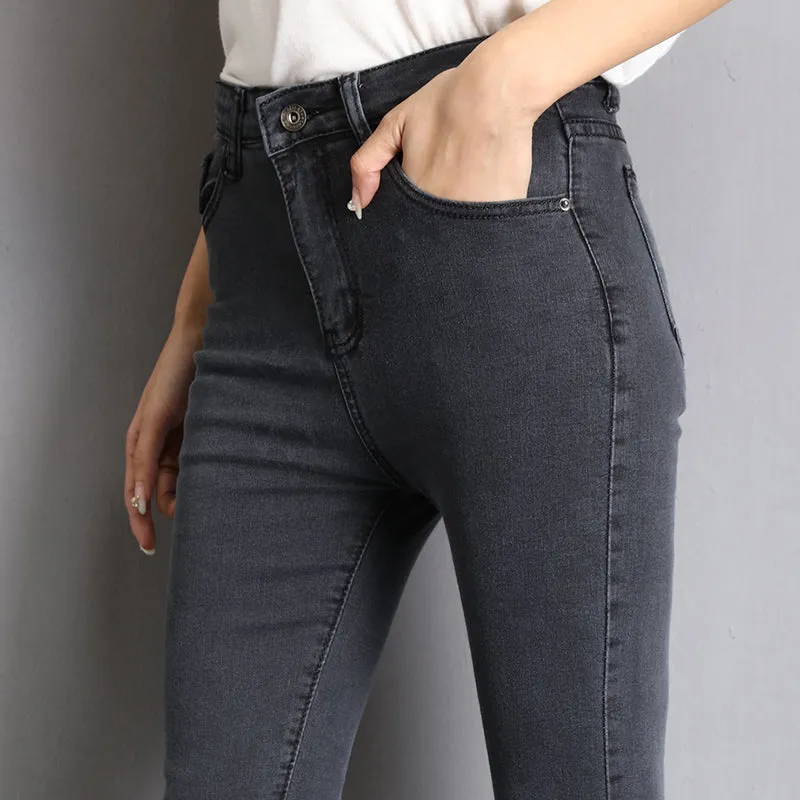 Amy Fashion - Blue Gray Black Woman High Elastic Jeans