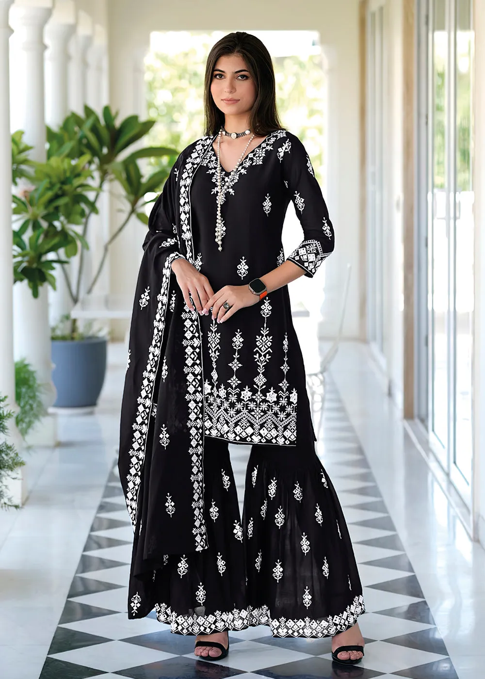 Appealing Black Mal Mal Embroidered Festive Sharara Suit