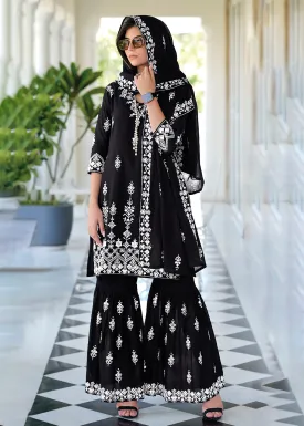 Appealing Black Mal Mal Embroidered Festive Sharara Suit