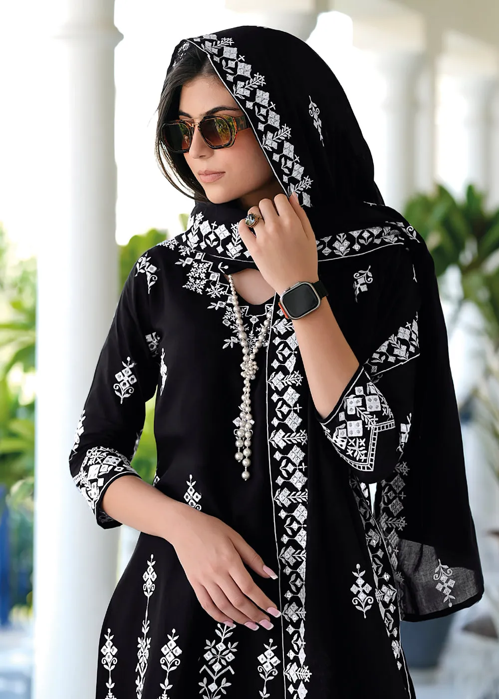 Appealing Black Mal Mal Embroidered Festive Sharara Suit