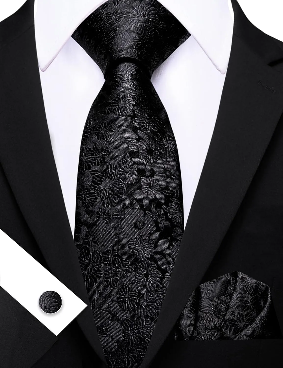 Barry.Wang Flower Ties for Men Handkerchief Cufflinks Set Wedding Necktie Set Party