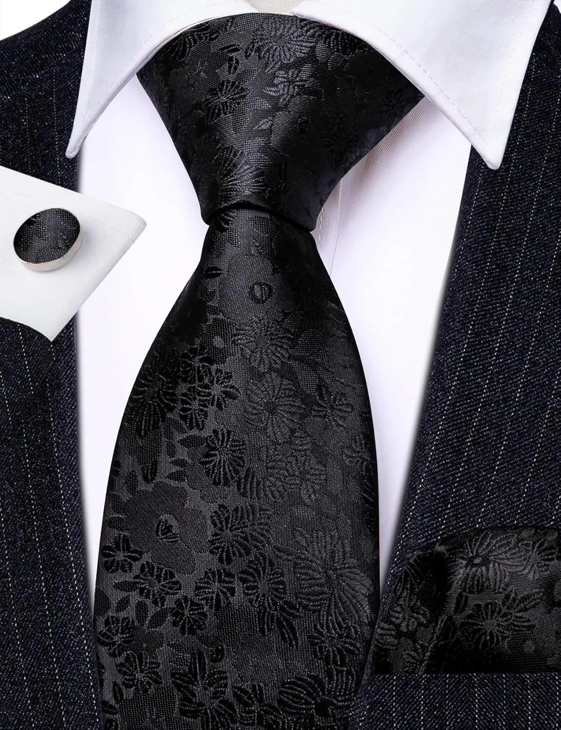 Barry.Wang Flower Ties for Men Handkerchief Cufflinks Set Wedding Necktie Set Party