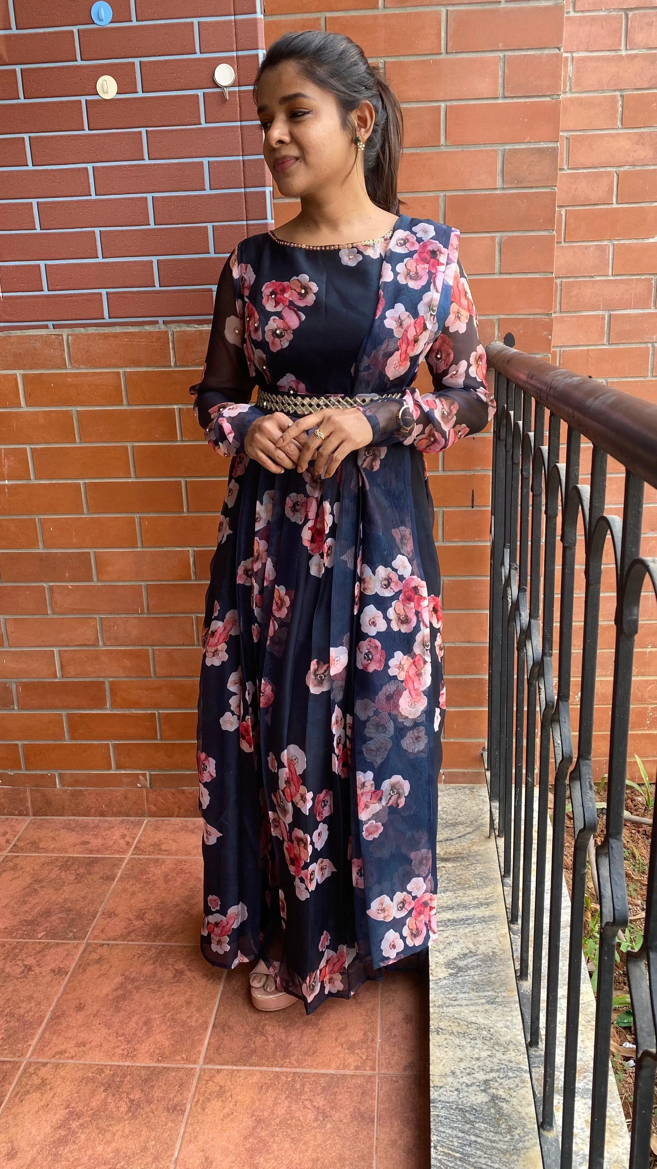 Beautiful Blue Floral silk Organza salwar with Duppata
