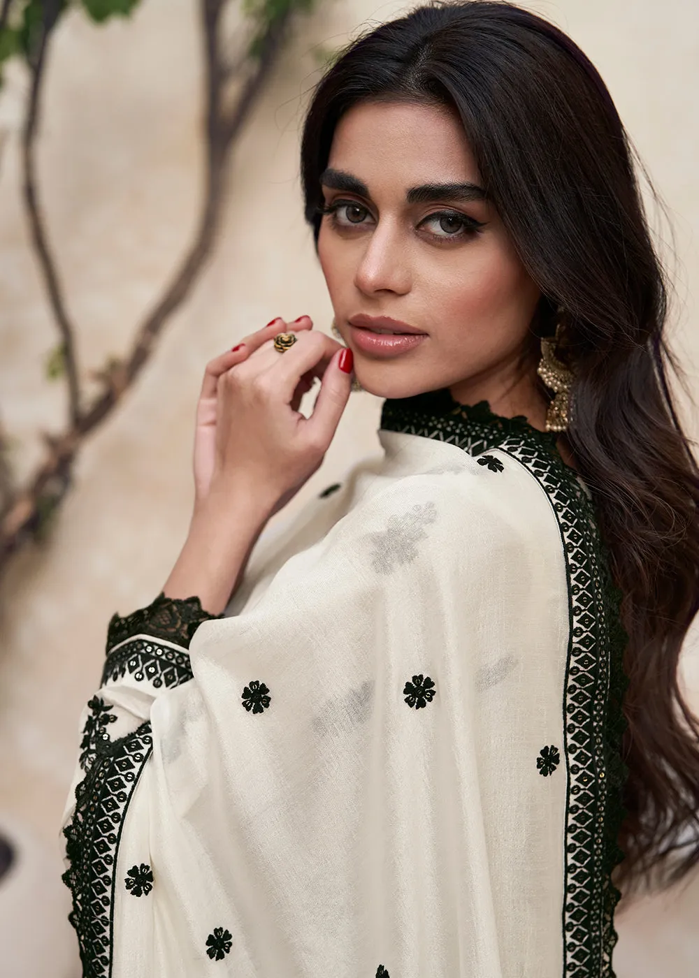 Beautiful Off White Festive Embroidered Palazzo Salwar Suit