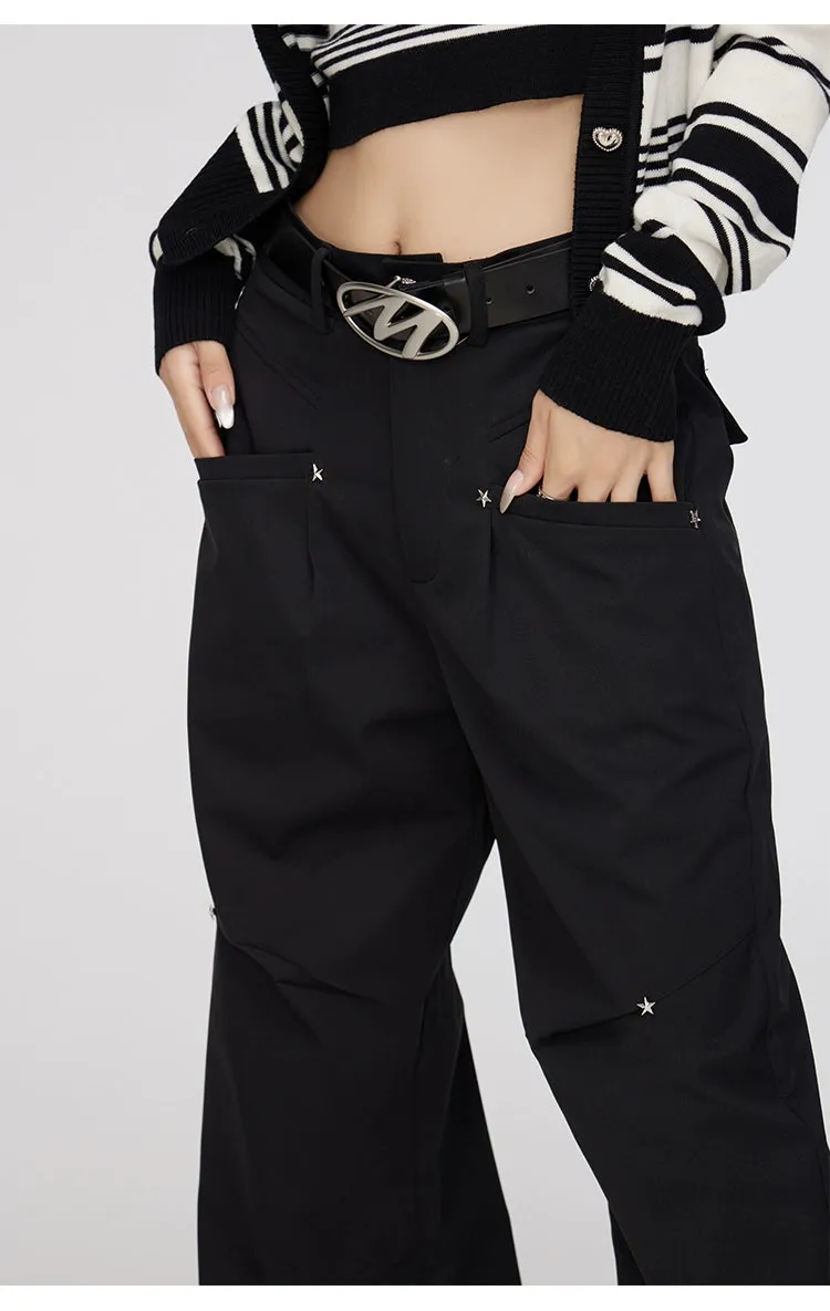 Black & Khaki Star Pleated Utility Wide-Leg Pants
