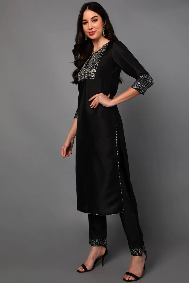Black Floral Yoke Design Panelled Suit Set