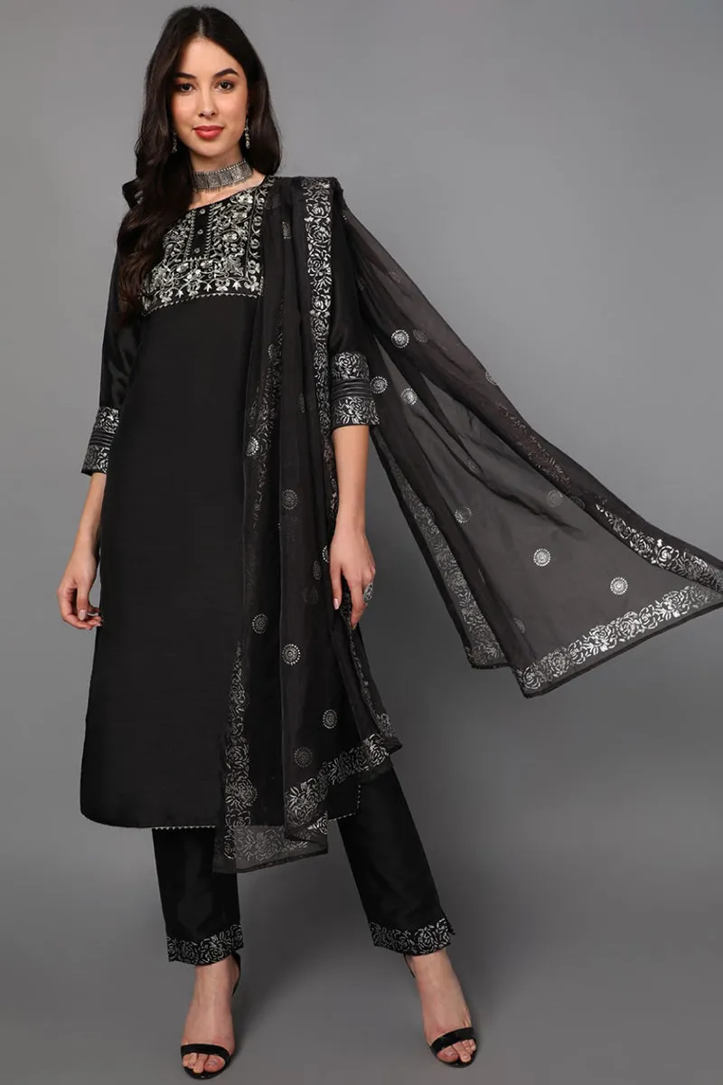 Black Floral Yoke Design Panelled Suit Set