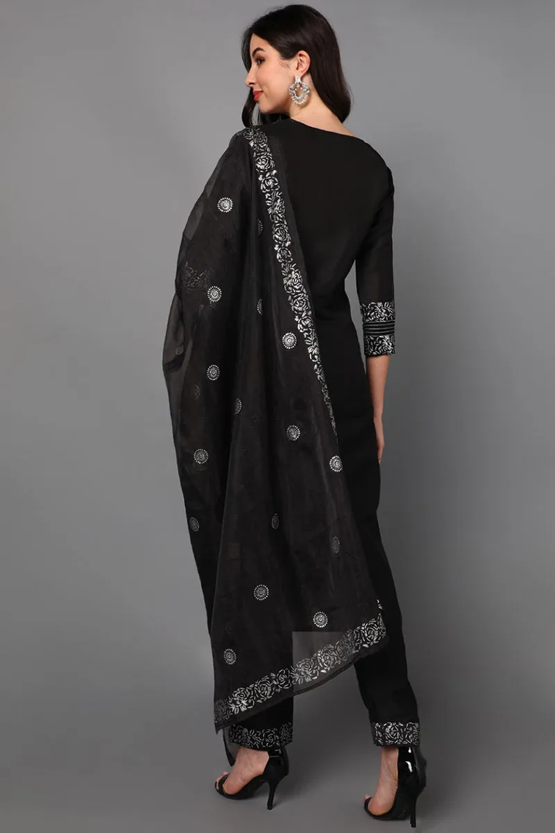 Black Floral Yoke Design Panelled Suit Set