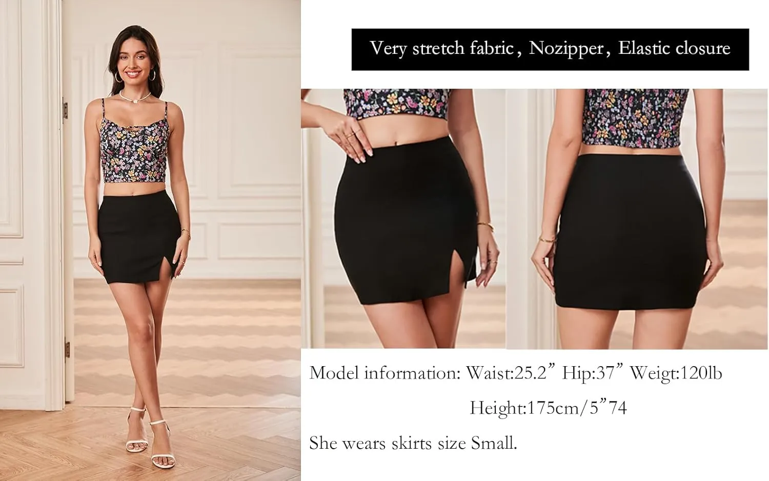 Black Mini Skirt Women's High Waisted Stretch Fitted Bodycon Skirt with Slit