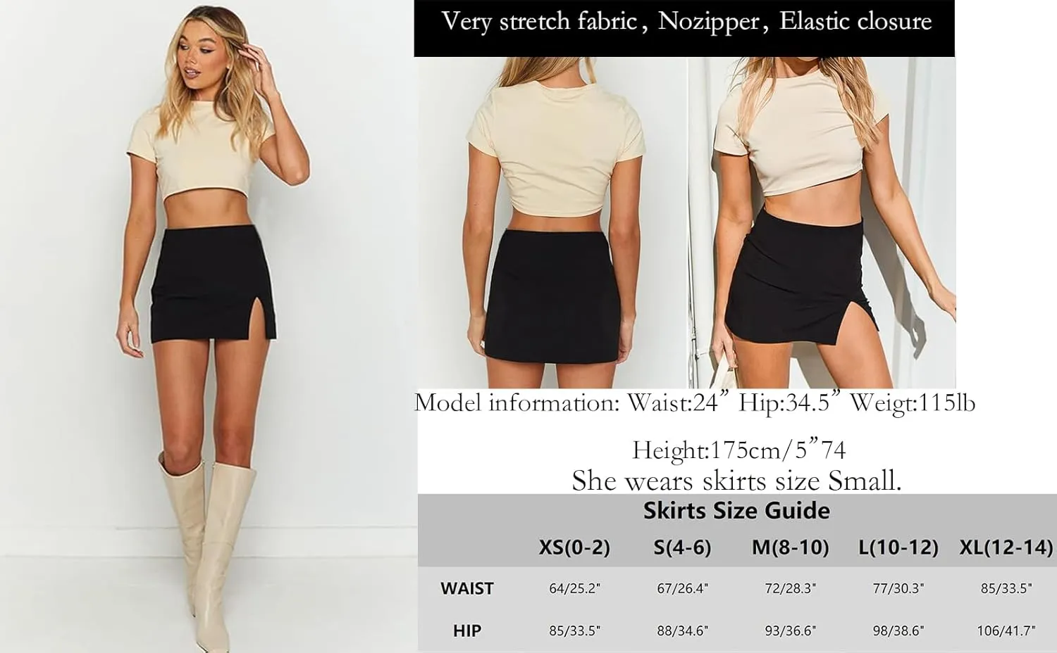 Black Mini Skirt Women's High Waisted Stretch Fitted Bodycon Skirt with Slit