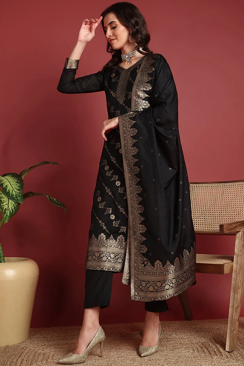Black Silk Blend Ethnic Motifs Woven Design Straight Suit Set