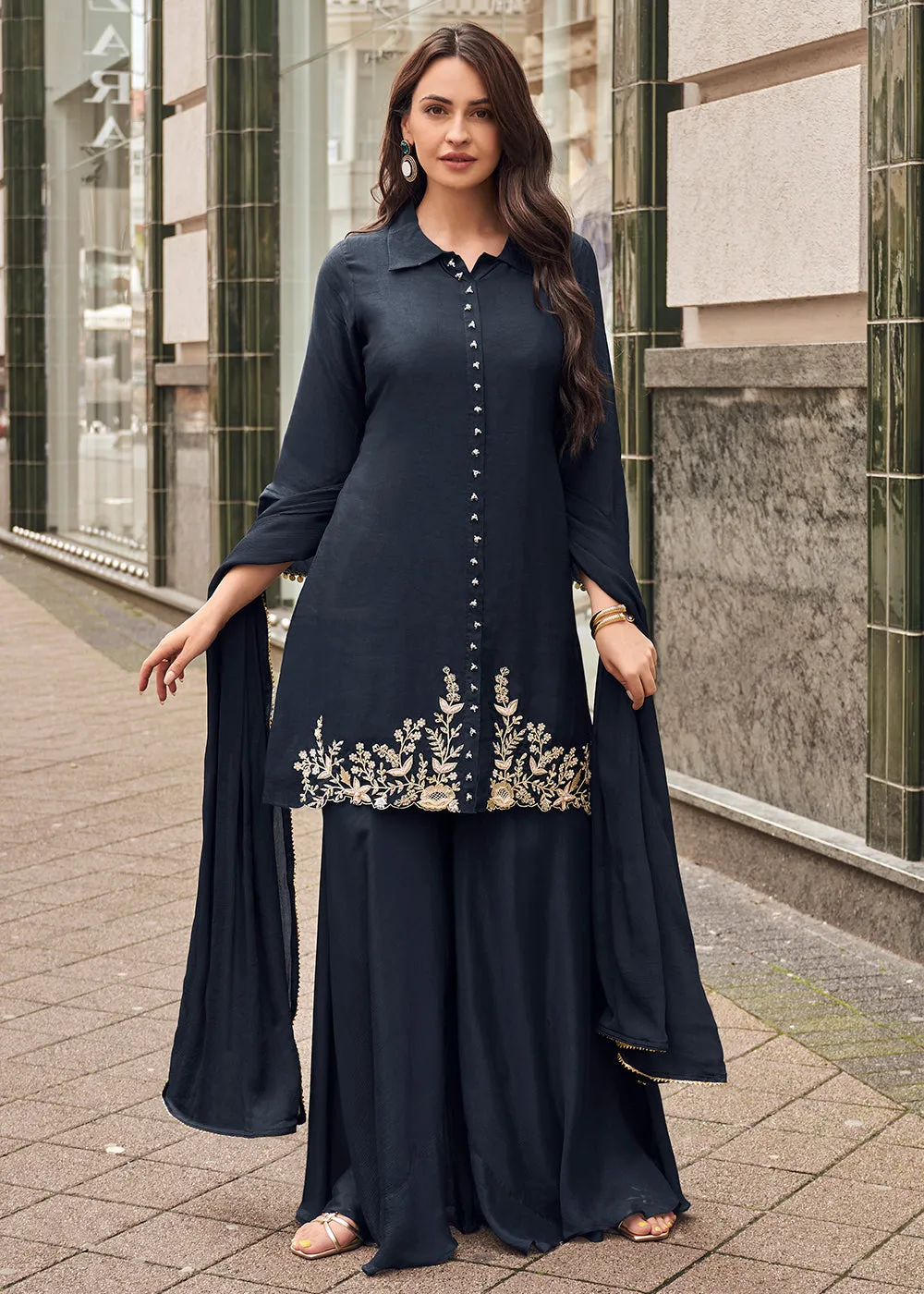 Black Viscose Jacquard Silk Festive Style Sharara Suit
