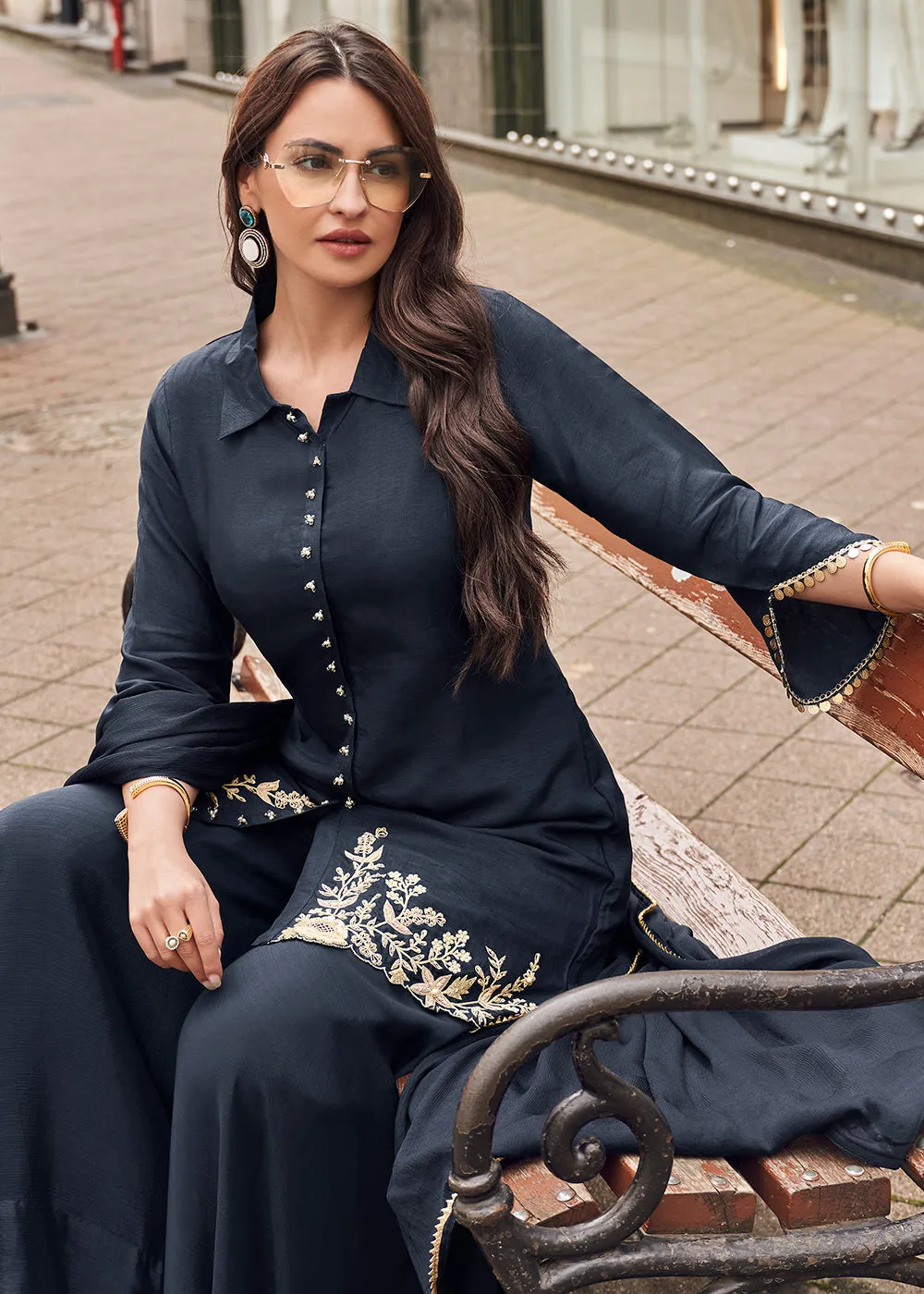 Black Viscose Jacquard Silk Festive Style Sharara Suit