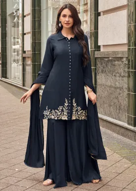 Black Viscose Jacquard Silk Festive Style Sharara Suit