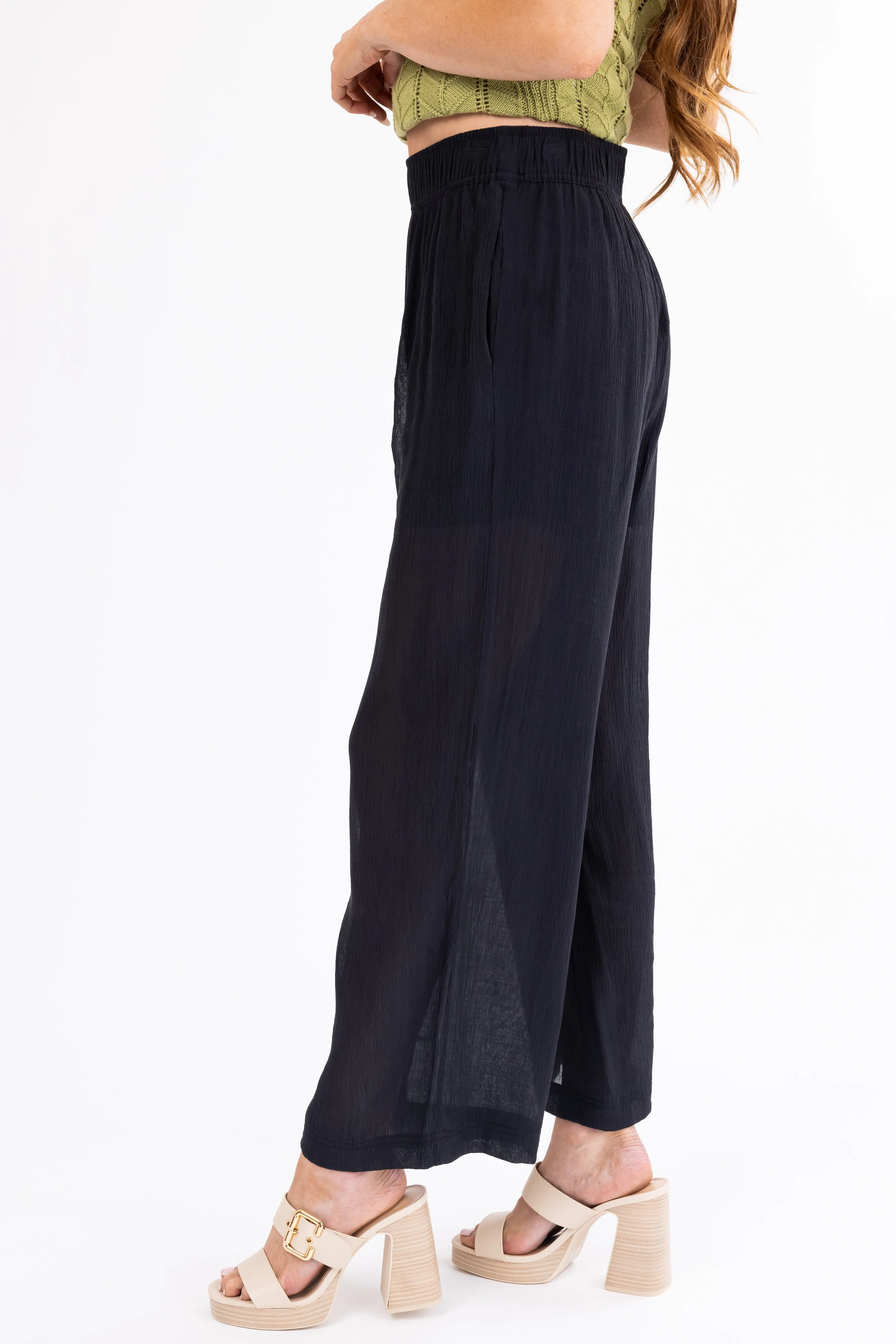 Black Wide Leg Textured Woven Pants