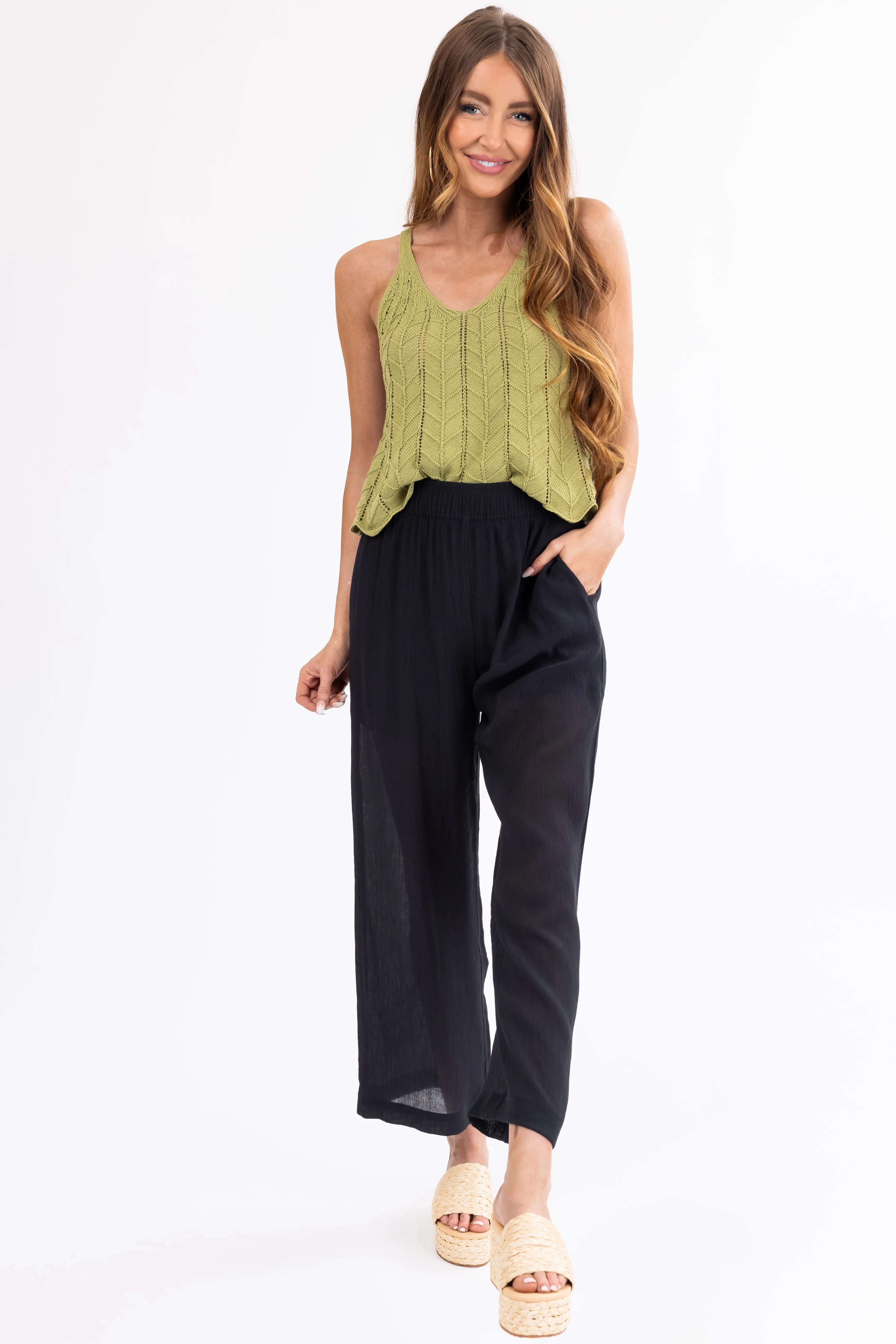 Black Wide Leg Textured Woven Pants