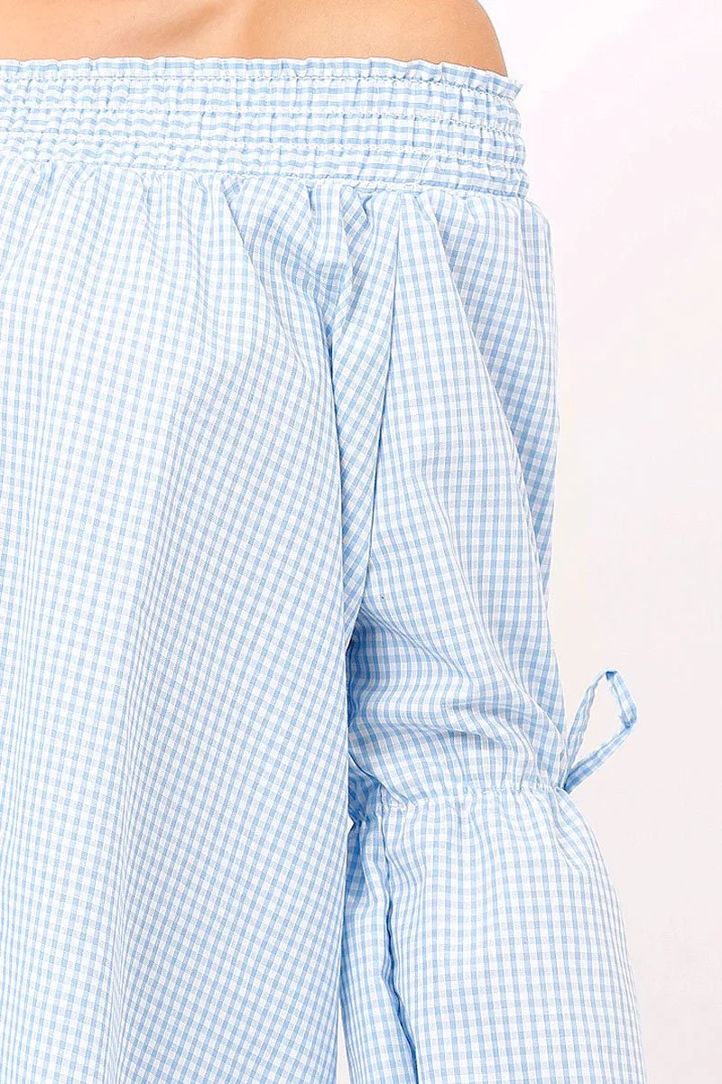 Blue Checked Bardot Bell Sleeve Top - Trixie