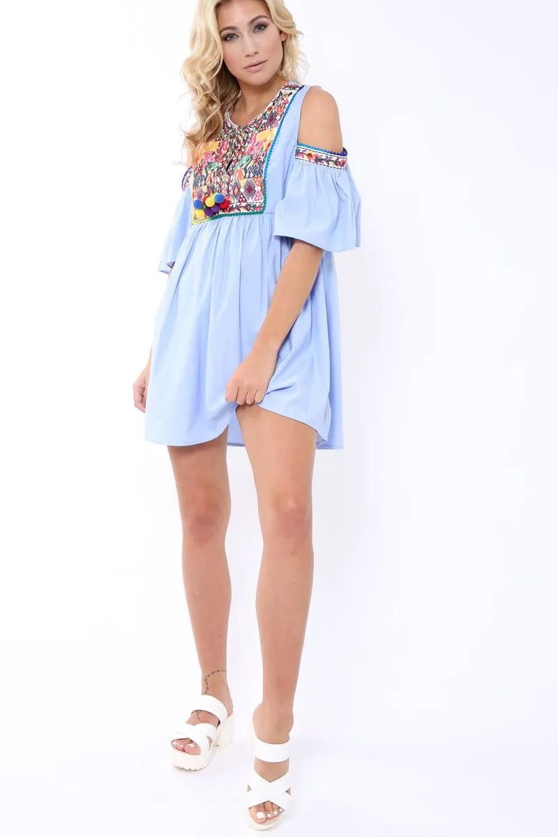Blue Cold Shoulder Shift Dress with Aztec Embroidery - Elodie