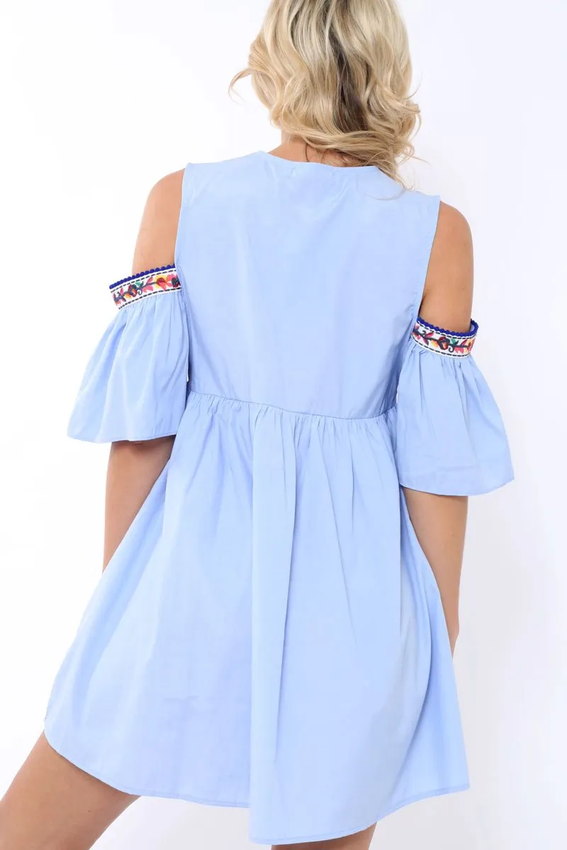 Blue Cold Shoulder Shift Dress with Aztec Embroidery - Elodie