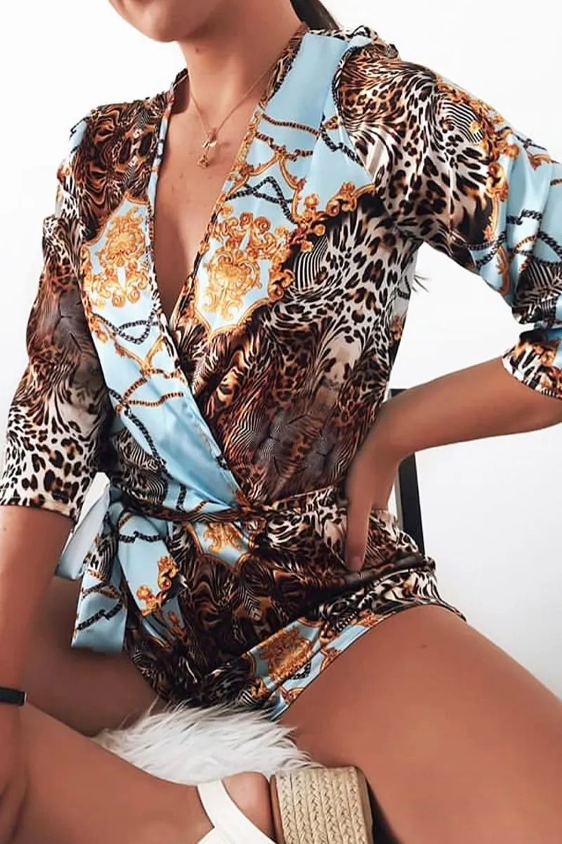 Blue Satin Mix Print Plunge Belted Playsuit - Violet