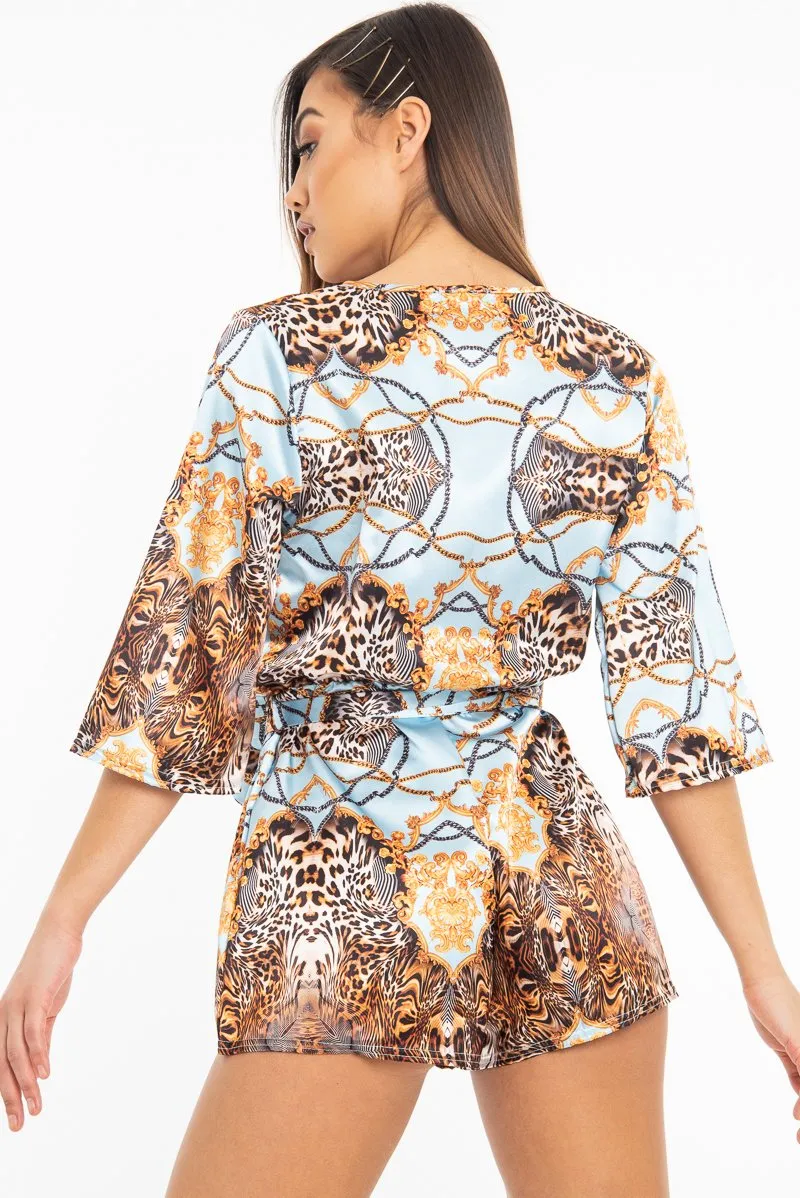 Blue Satin Mix Print Plunge Belted Playsuit - Violet