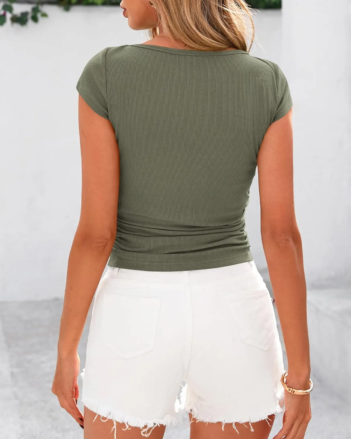 BTFBM Womens Summer Tops 2025 Ribbed T Shirts Crew Neck Short Sleeve Stretchy Ruched Slim Fit Workout Going Out Top