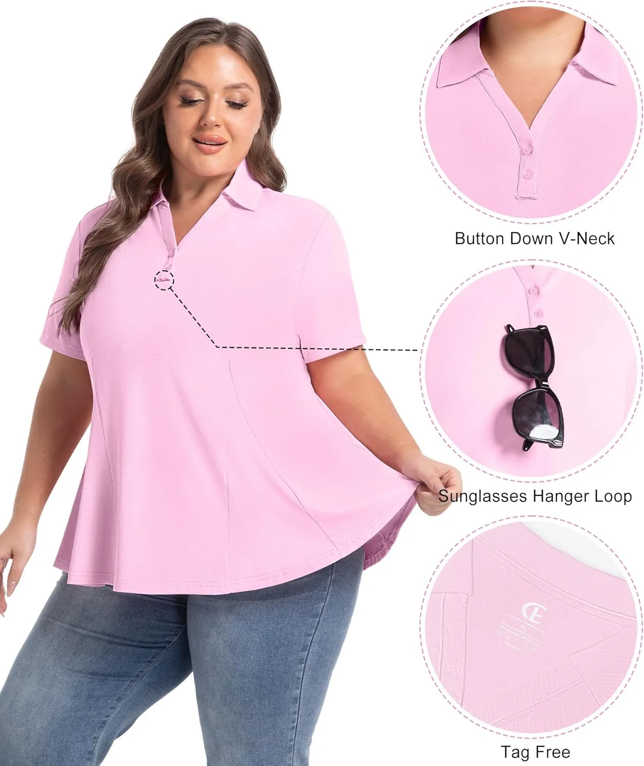 Casei Women's Plus Size Golf Polo Shirt with Sunglasses Holder UPF 50  Tunic Tops Casual Workout Work Shirts