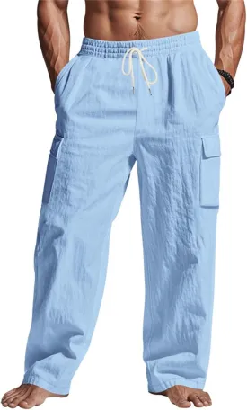 Casual Linen Cargo Pants for Men Summer Elastic Waist Pant with Pockets Relaxed Fit Beach Yoga Travel Lounge Trousers