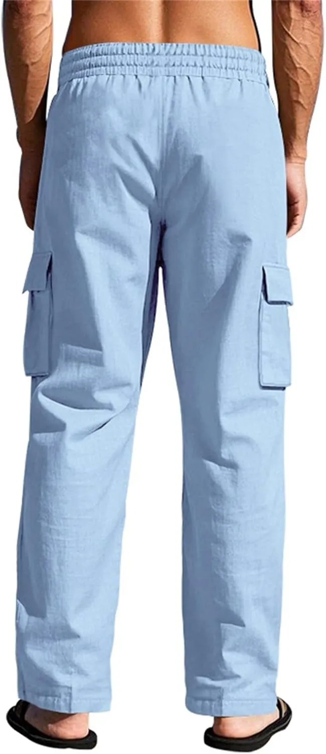Casual Linen Cargo Pants for Men Summer Elastic Waist Pant with Pockets Relaxed Fit Beach Yoga Travel Lounge Trousers