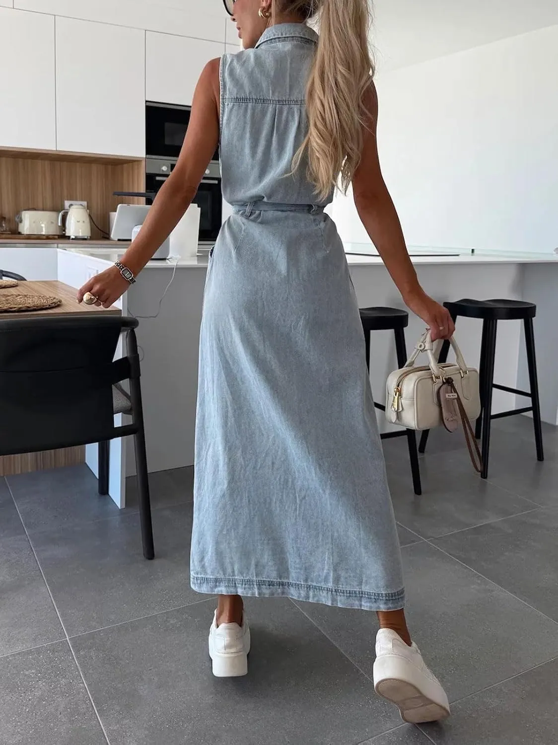 CHARTOU Women Lapel Sleeveless Denim Shirt Dress Button Down Belted Jean Dress with Pockets