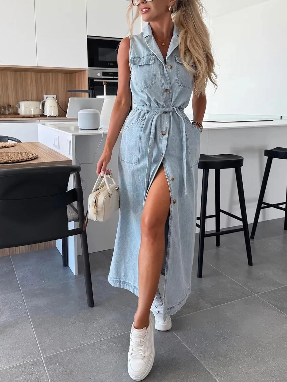 CHARTOU Women Lapel Sleeveless Denim Shirt Dress Button Down Belted Jean Dress with Pockets