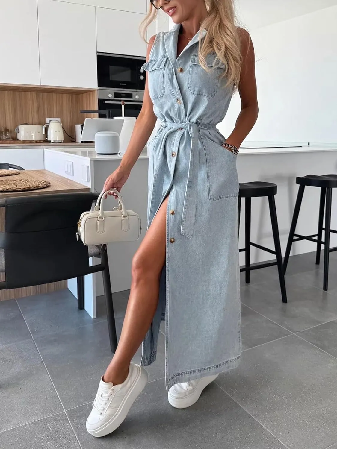 CHARTOU Women Lapel Sleeveless Denim Shirt Dress Button Down Belted Jean Dress with Pockets