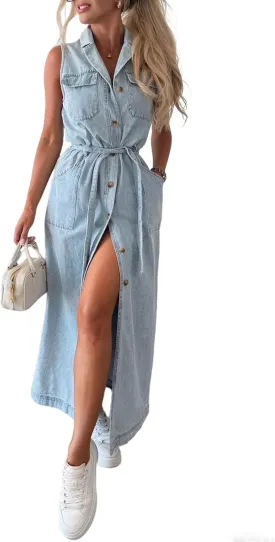 CHARTOU Women Lapel Sleeveless Denim Shirt Dress Button Down Belted Jean Dress with Pockets