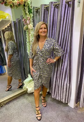 Chelsea half sleeve gold print wrap high low midi dress