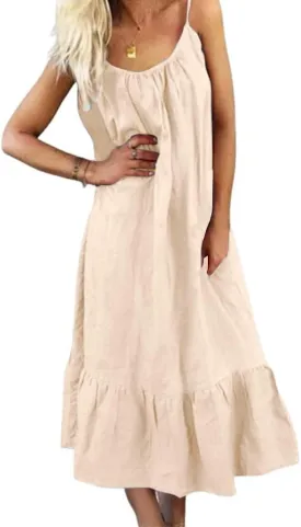 chouyatou Women's Cotton Linen Spaghetti Strap Beach Dress Casual Loose A-Line Midi Long Sundress