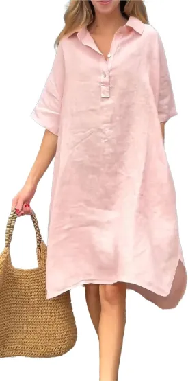 chouyatou Women's Summer Casual Linen Beach Tunic Dress Loose High Low Midi Long Polo T Shirt Dress