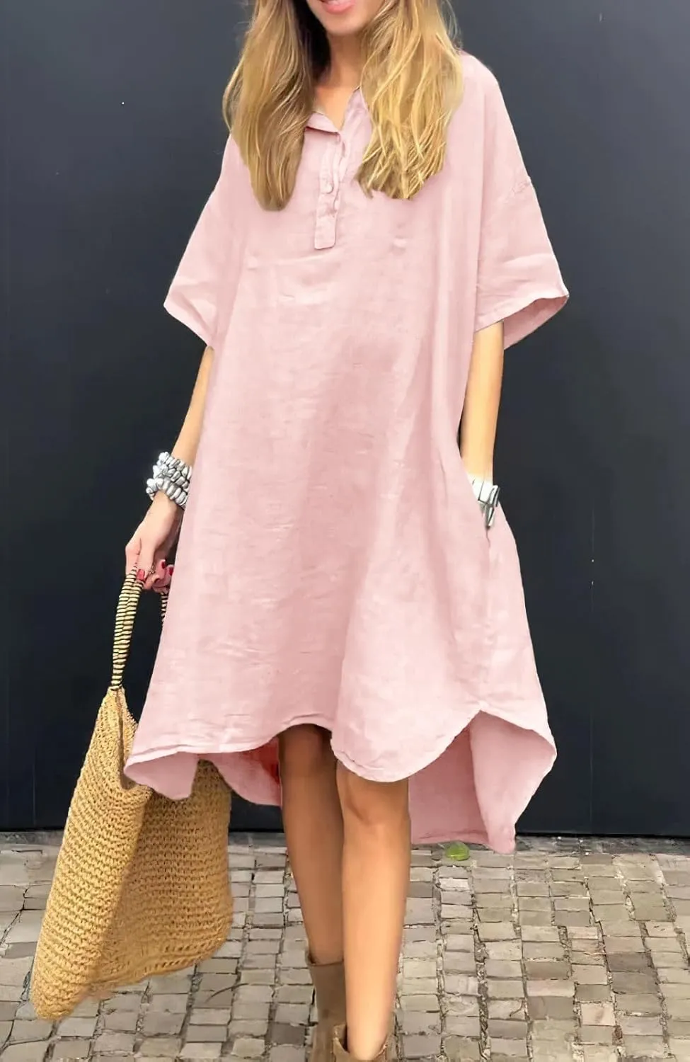 chouyatou Women's Summer Casual Linen Beach Tunic Dress Loose High Low Midi Long Polo T Shirt Dress