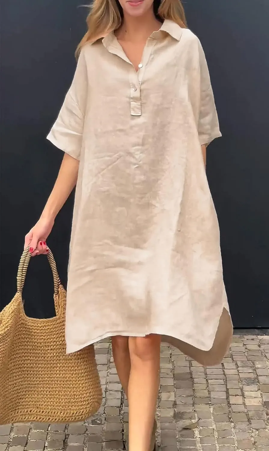 chouyatou Women's Summer Casual Linen Beach Tunic Dress Loose High Low Midi Long Polo T Shirt Dress