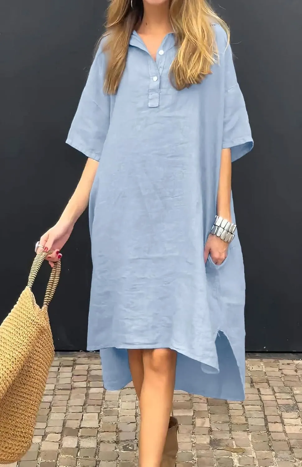 chouyatou Women's Summer Casual Linen Beach Tunic Dress Loose High Low Midi Long Polo T Shirt Dress