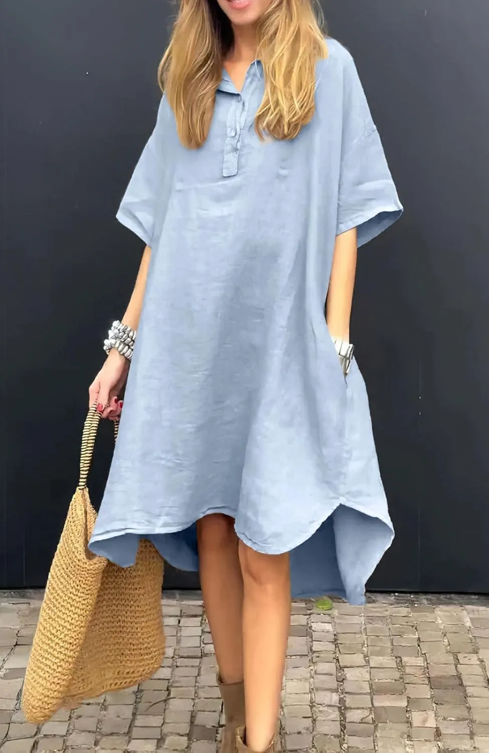 chouyatou Women's Summer Casual Linen Beach Tunic Dress Loose High Low Midi Long Polo T Shirt Dress