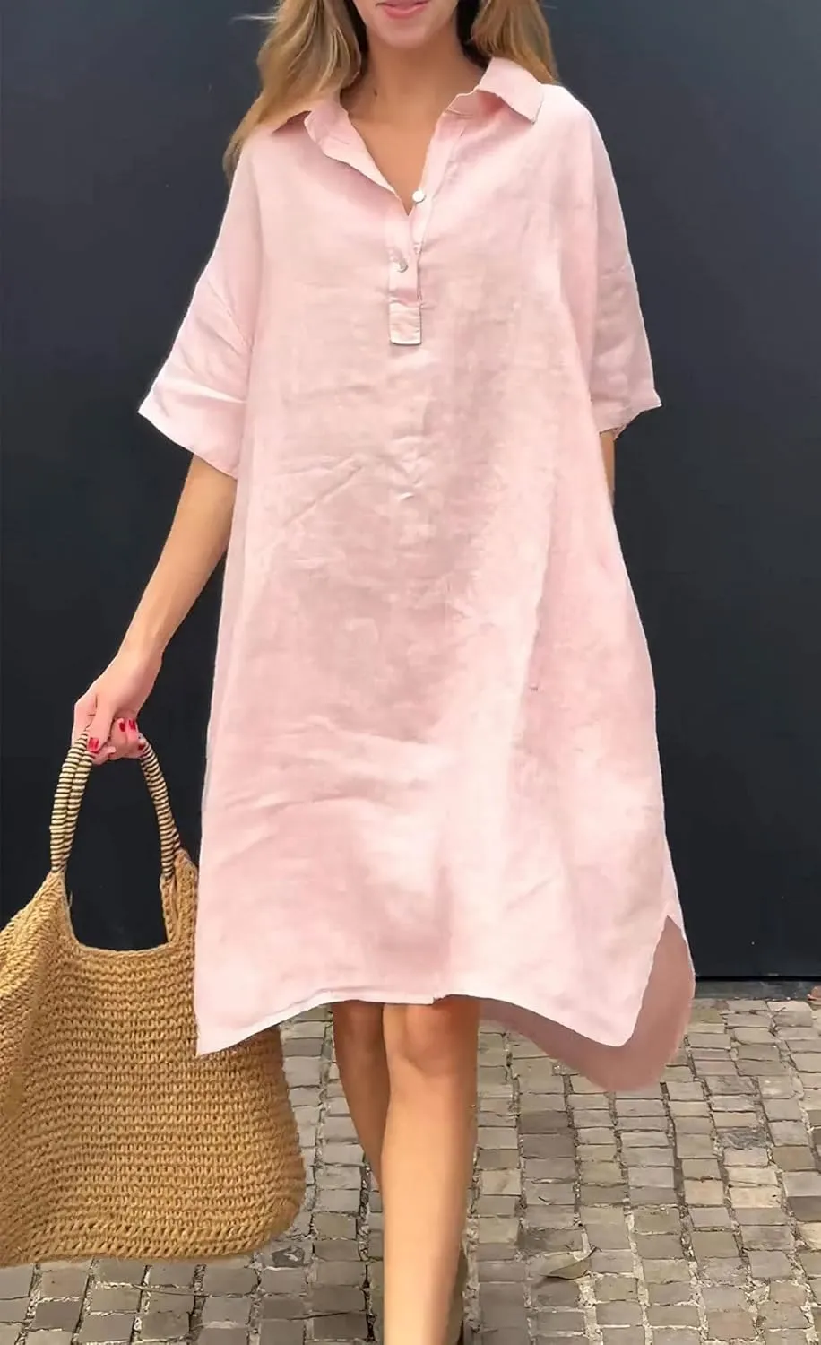 chouyatou Women's Summer Casual Linen Beach Tunic Dress Loose High Low Midi Long Polo T Shirt Dress
