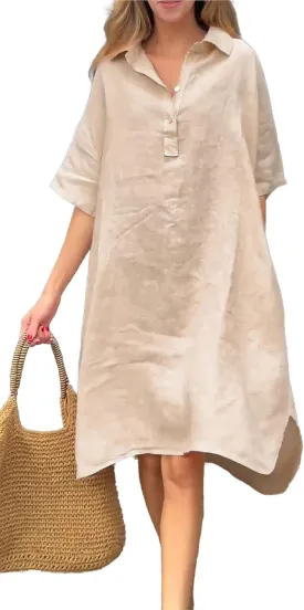 chouyatou Women's Summer Casual Linen Beach Tunic Dress Loose High Low Midi Long Polo T Shirt Dress