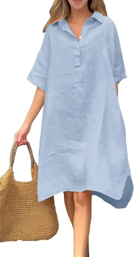chouyatou Women's Summer Casual Linen Beach Tunic Dress Loose High Low Midi Long Polo T Shirt Dress