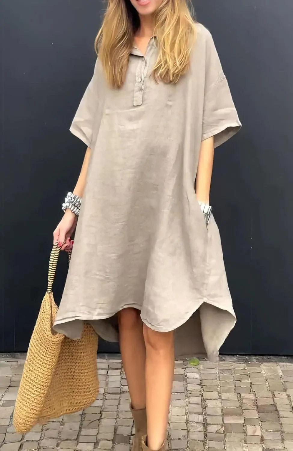 chouyatou Women's Summer Casual Linen Beach Tunic Dress Loose High Low Midi Long Polo T Shirt Dress