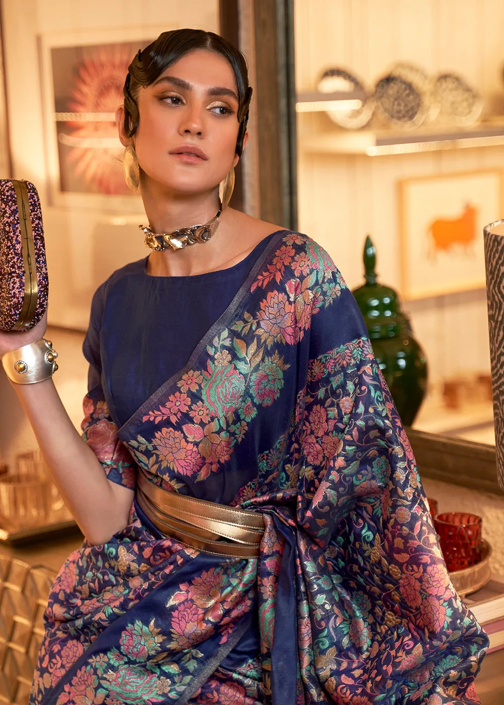 Denim Blue Floral Kashmiri Weaving Silk Wedding Party Saree