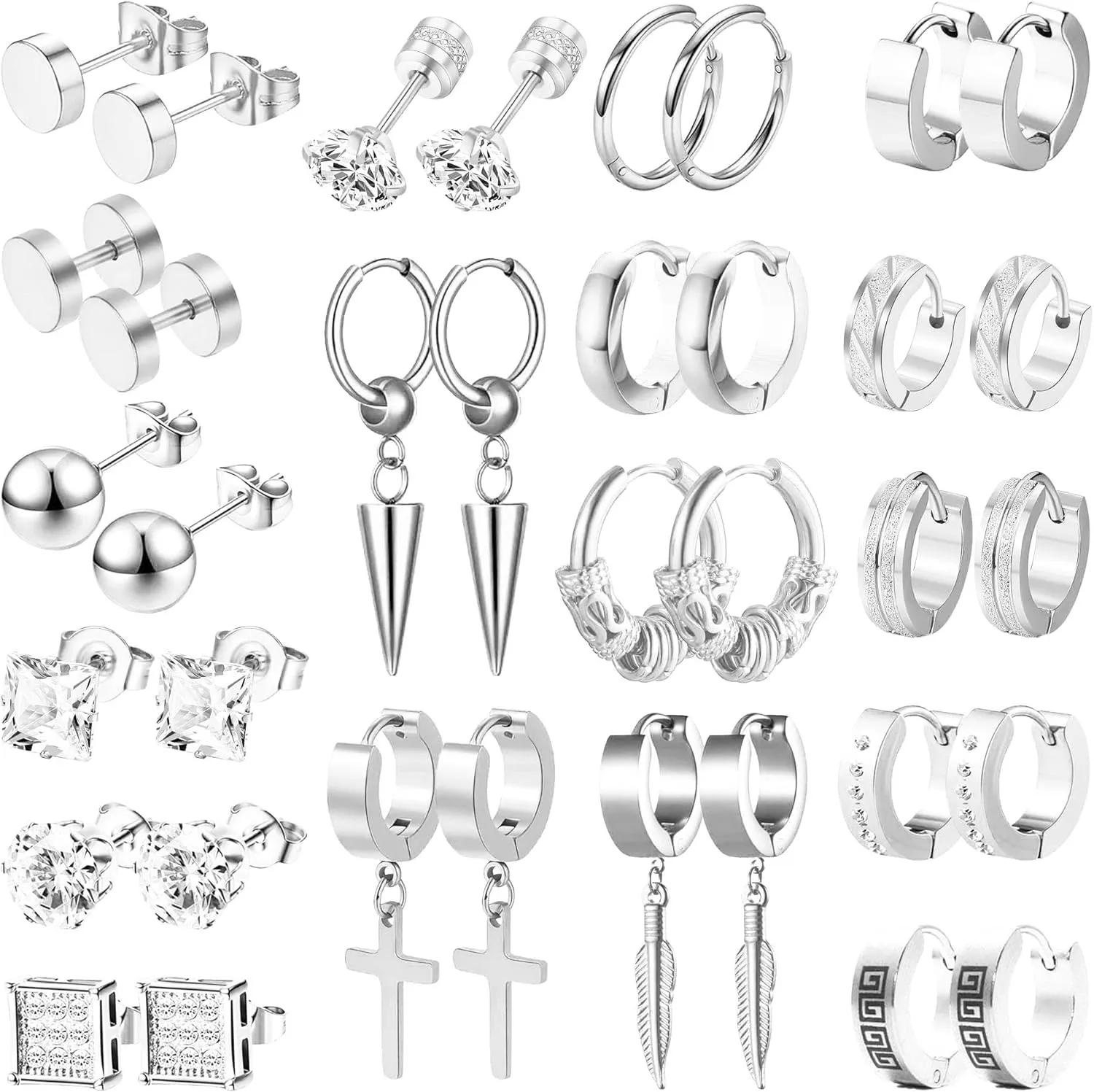 Earrings for Men - 18 Pairs, Black Gold Silver & Stainless Steel Stud, Cross, Dangle, Hoop Earrings Set - Fashion Piercing Jewelry