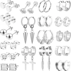 Earrings for Men - 18 Pairs, Black Gold Silver & Stainless Steel Stud, Cross, Dangle, Hoop Earrings Set - Fashion Piercing Jewelry